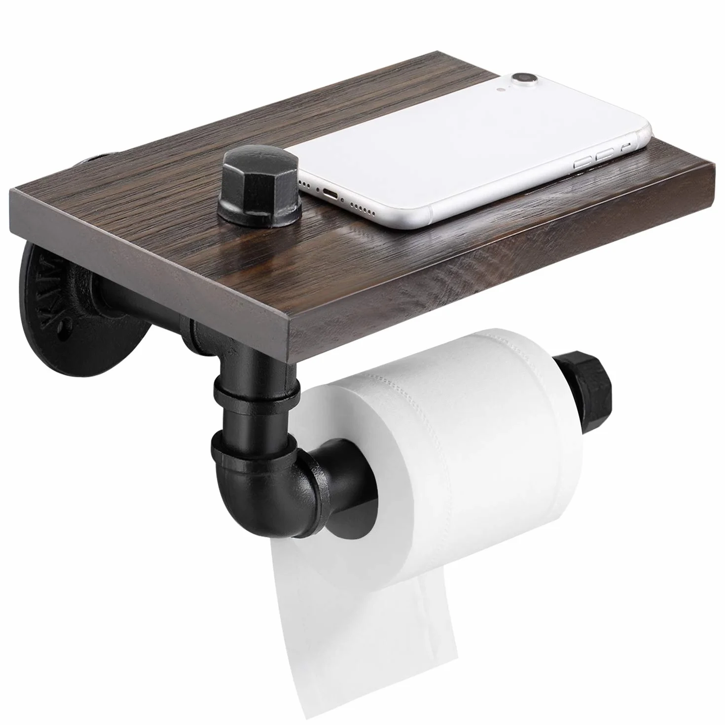 Elibbren, porta carta igienica per bagno, porta carta igienica industriale con ripiano in legno rustico e ferramenta in ghisa