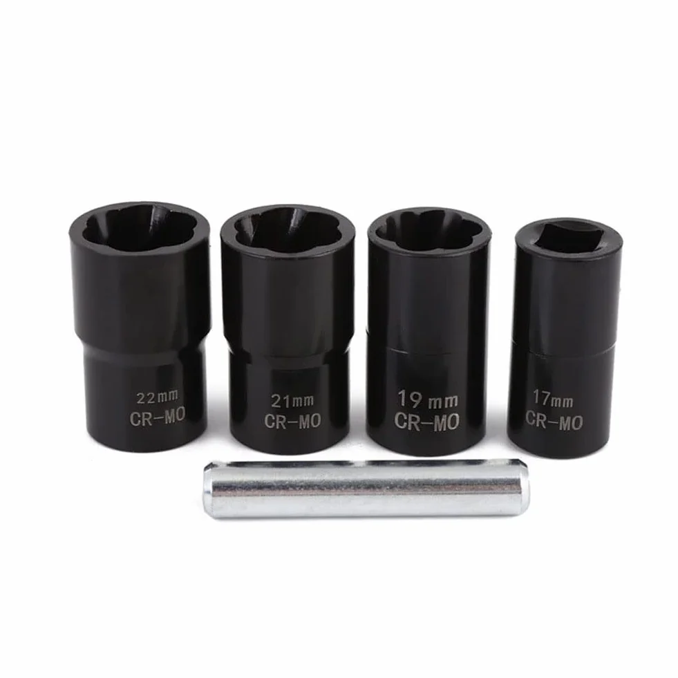 Set di estrattori per bulloni e dadi quadrati da 1/2" con asta, 17 mm, 19 mm, 21 mm, 22 mm, attacco a spirale per rimozione dei dadi della ruota