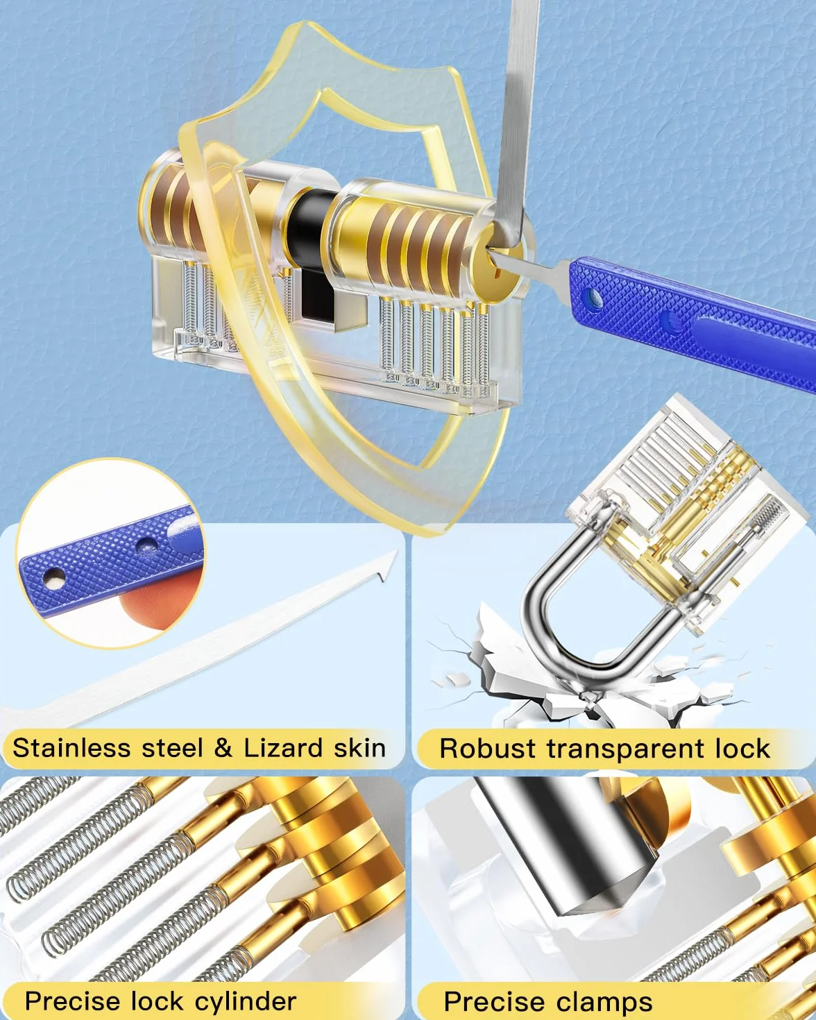 Set Fabbro, IPSXP Grimaldelli da 25 Pezzi Lock Picking con 2 Trasparente Serratura Lucchetto con Borsa di Pelle, Pratica Aprire le Serrature Set per Principianti