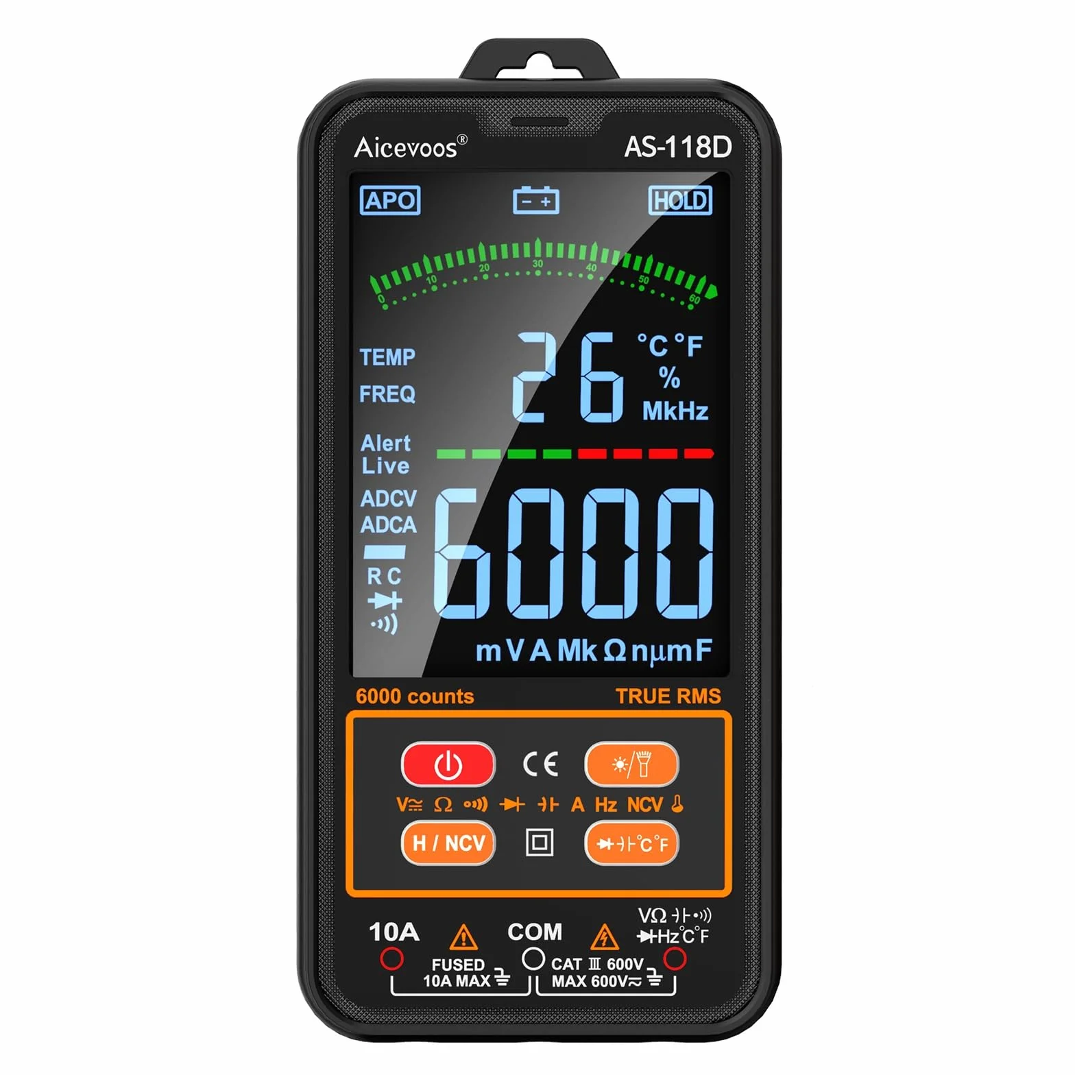 AS-118D Smart Multimetro Digitale Gamma Automatica TRMS Elettricista Tester Digitale Misura Tensione Corrente Capacità Resistenza Continuità Temperatura Frequenza