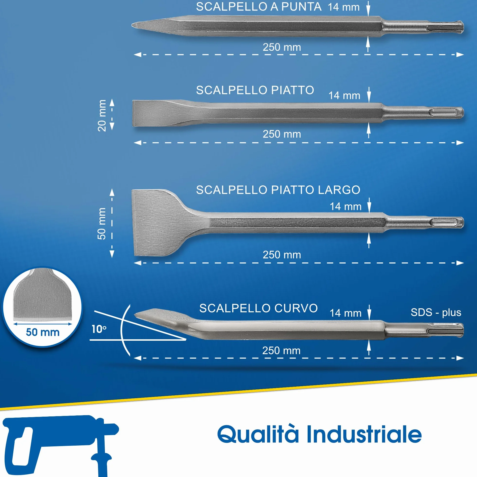 S&R Set di 4 Scalpelli SDS-Plus per Piastrelle Tracce Muro Muratura Calcestruzzo Pietra per Trapano Bosch Makita Metabo Dewalt e altre marche