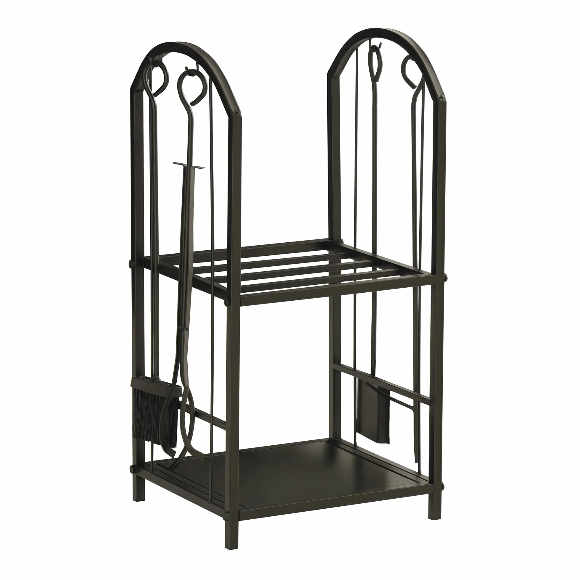 Outsunny Portalegna da Interno ed Esterno a 2 Ripiani in Metallo, Portalegna per Camino con Paletta, Scopa, Attizzatoio e Pinza, 41.5x32.5x74.5 cm, Nero