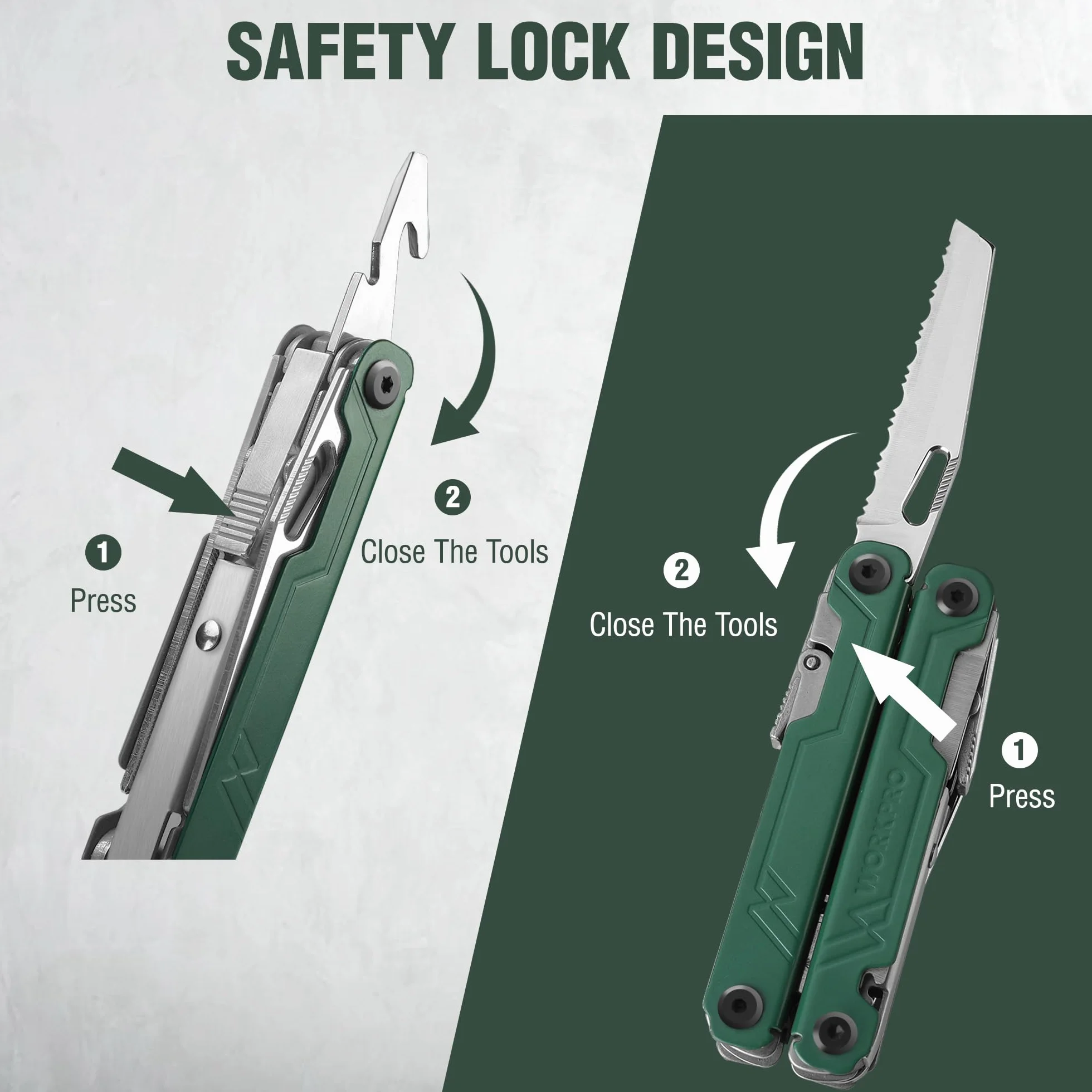 WORKPRO Pinza Multifunzione, Pinza Multiuso 18 in 1 con Borsa, Strumento Multifunzionale Pieghevole in Acciaio Inossidabile con Pinza Lima per Cacciavite per Campeggio, Verde