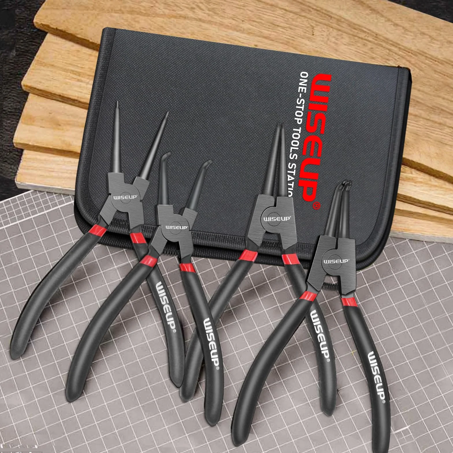 WISEUP 4 Pezzi Pinze Per Anelli Di Sicurezza, pinza interne ed esterne diritte da 170 mm, acciaio al carbonio industriale, resistente alla flessione e a risparmio di manodopera, con Borsa Portatile